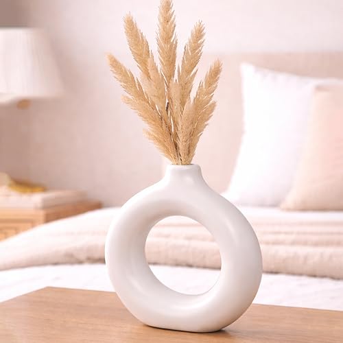Image of Modern Matte White Ceramic Donut Vase - Minimalist Hollow Round Decorative Vase for Living Room, Bedroom, Office & Table Decor, 5x5.1 Inch