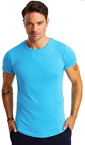 Björn Swensen BS1002 T-shirt heren ronde hals zomer slim fit katoenaandeel wit zwart mannen shirt basic zomershirt ronde hals korte mouwen top, turquoise, L