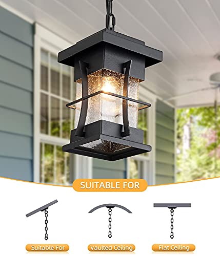 Eeru Outdoor Pendant Light Fixture Exterior Hanging Lantern With Adjustable Chain Black Finish With Seeded Glass Outside Lights For House Patio Front Porch Lighting #TOP1
