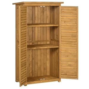 Outsunny Tuinhuis, gereedschapsschuur op houten voet, 2 planken, rolluikdeuren, schuin bitumendak, 87 x 47 x 160 cm, natuur