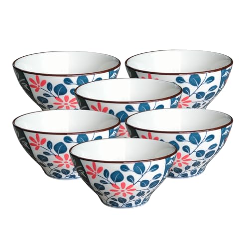 Image of Lellow Premium Ceramic Bowl Set of 6 - Handcrafted Big Floral Print Bowls for Soup, Noodles, Snacks & Desserts - Microwave & Dishwasher Safe, 300ml