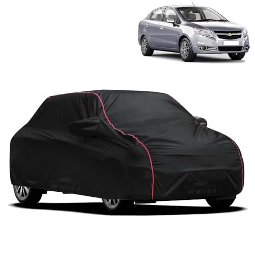 Image of Waterproof Car Cover for Chevrolet Sail | All-Weather Protection, Dustproof & UV Resistant | Triple Stitched Mirror Pockets, Windproof Buckle Strap with Elastic Hem, Black-Red Piping