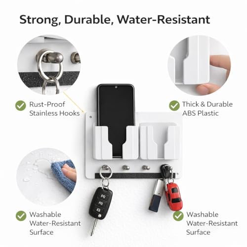 Image of Rainbow Dots Wall Mounted Key Holder with Mobile Stand | No Drilling 3M Adhesive | Phone & Key Organizer with 5 Hooks | ABS & Acrylic | for Home Entrance(2 White Mobile)