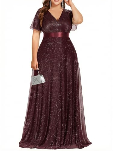 Image of Ever-Pretty Plus Women's Glitter Formal Dress Evening Gown for Gala V-Neck Short Sleeve Floor Length Plus Size Prom Dresses