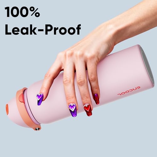 Image of Insulated Water Bottle with Straw - Encool Stainless Steel Water Bottle with Push Button Lid, Leak-Proof & BPA-Free, Keeps Cold for 24 Hours for Sports, Travel, Gym (40 oz, Lily-Red)