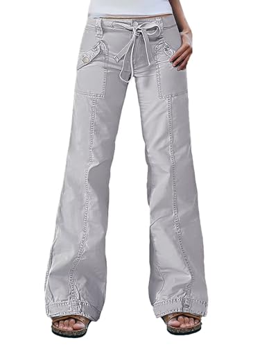 Flamingals Straight Leg Mid Waist Drawstring Solid Flap Pocket Pants for Women