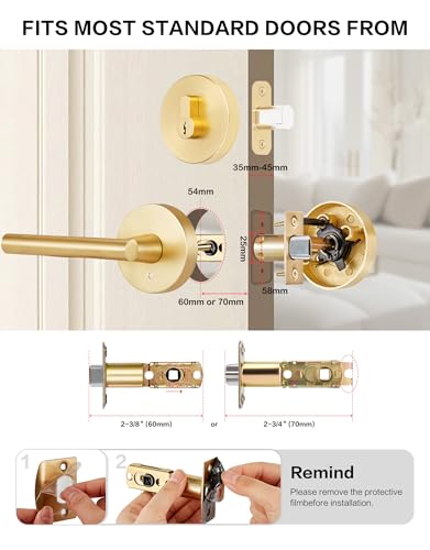 Image of Lethato Gold Door Handle and Deadbolt Set, Heavy Duty Front Door Lock Set, Exterior Door Lever Single Keyed Round Deadbolt Lock (1 Pack)