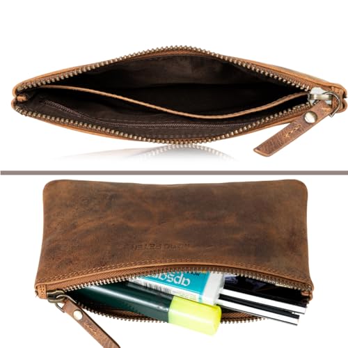 Marc Peter® Vintage Austin Federmäppchen aus Leder Federtaschen Mäppchen Etui mit YKK Reißverschluss, Große Kapazität Pencil Case Großes Federmappe Vintage Bräune