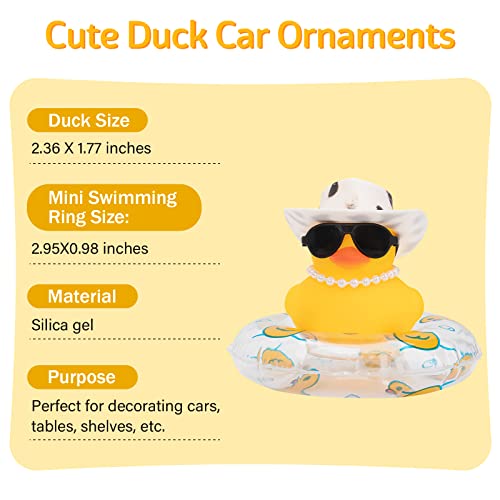 Image of wonuu Car Rubber Duck, Yellow Duck Decoration Dashboard with Sun Hat Swim Ring Necklace Sunglasses for Car Dashboard Decorations, Black White Cowboy Hat-Transparent-Small Pearl