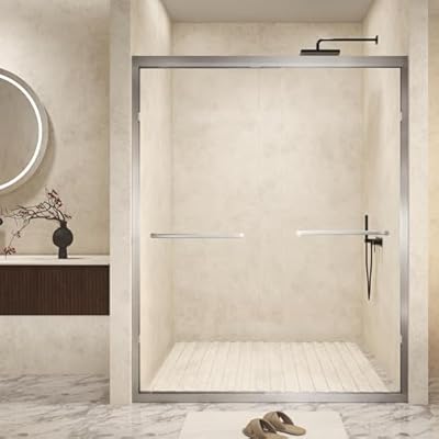 56-60" W x 72" H Double Sliding Shower Door, Aluminum Frame Double Sliding Shower Door Tempered Glass with Explosion Proof Film 1/4" (6 mm), Stainless Steel Handle, Brushed Nickel