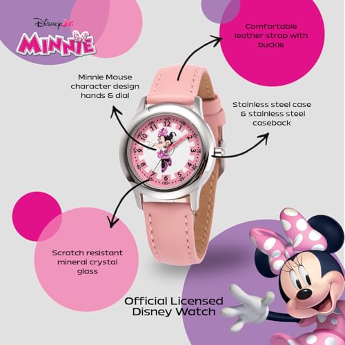 Disney Minnie Mouse Watch for Girls – Cute Minnie Watch for Kids 3-5 with Stainless Steel Bezel & Pink Leather Strap – Adorable Mouse Watches Toddlers & Young Girls – Gift for Fans2