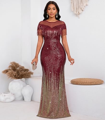 Image of Cololura Sexy Sequin Tassel Mesh Perspective Party Cocktail Bodycon Evening Club Maxi Dress