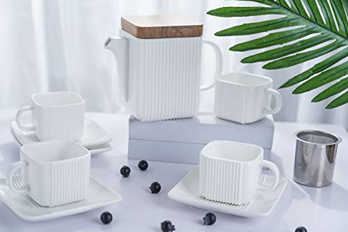 Taimei Teatime Porcelain Tea Set, Tea Cup(4 OZ) with Saucer in Set of 4 & 1 Teapot(23 OZ) with infuser basket for Steeping Loose Leaf Tea, Elegant White Ceramic Tea Sets