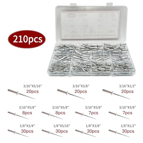 Image of 210Pcs Silver 3 /16 Inches,1 /8 Inches Pop Rivets Assortment Kit, 8 Sizes Aluminum Rivets,Aluminum blind rivets for metal Dome Head rivet kit