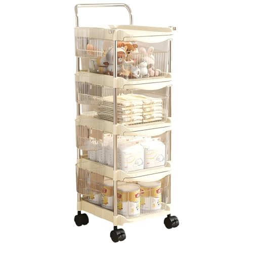 Baby Diaper Caddy Cart Organizer - Plastic Movable Cart Drawers with Hanging Basket, Rolling Utility Diaper Storage Caddy Organizer for Changing Table & Crib, Nursery, Bedroom (4 Tier)