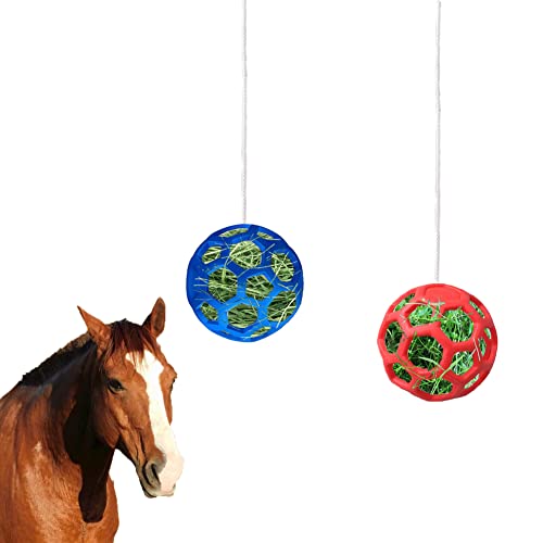 WoYous Lot de 2 boules de friandises pour chevaux et filet à foin pour chevaux, sac à nourriture à foin suspendu avec trous permettant de ralentir l'alimentation, moutons, (bleu) Cover