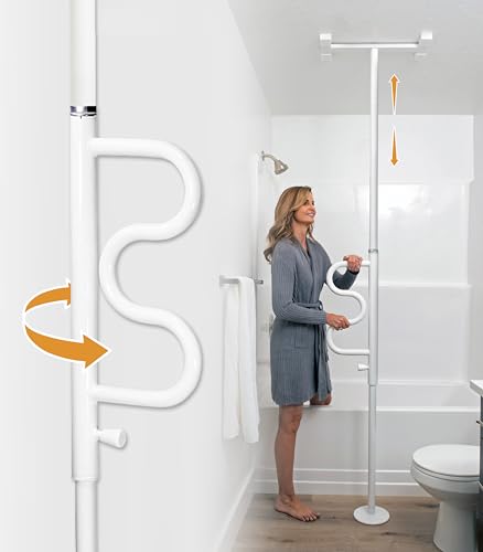 Stander Wonder Pole Plus with Rotating Double Grab Bar Tension Mounted Security Pole for Seniors & Elderly Adults No-Drill Floor to Ceiling Transfer Pole for Home & Bath Safety White