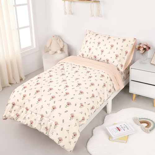Image of SWESEN Toddler Bedding Set for Boys, Blue Space Toddler Boy Bedding Set, Soft & Lightweight 4 Piece Toddler Comforter Sets Include Comforter, Flat Sheet, Fitted Sheet, Pillowcase, Floral