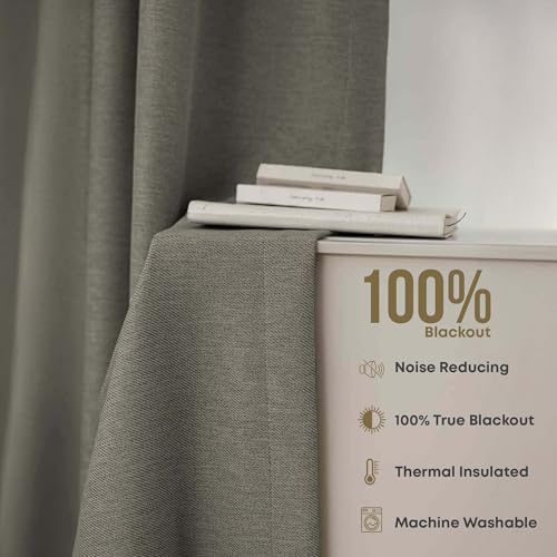Image of LINENWALAS 100% Blackout Curtains for Window (5 Feet) - Set of 2 Panels, Rich Linen Texture Complete Light Block Heavy Panels, Thermal Insulated & Noise Reducing Room Darkening Curtains (Olive Grey)