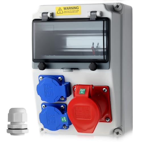EYPINS Baustromverteiler Leer Wandverteiler 2x 230V Schuko- 1x CEE-Steckdose 16A Stromverteiler IP66 Wasserdicht flammhemmende ABS Verteiler für Innen und Außen Werkstätten Fabriken