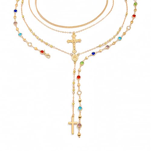 Layered Cross Lariat Necklace, 18K Gold Plated Long Pendant Chain for Women Dainty Stackable Jewelry Gift for Everyday Wear