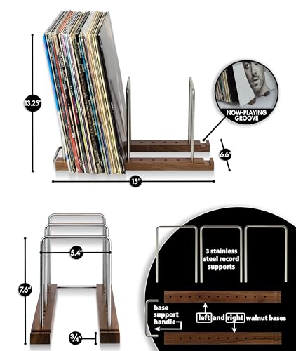 Optage Audio Durable Vinyl Record Storage Holder for 75 LPs, Solid Walnut Record Stand with Built-in Now Playing Display, Sleek Vinyl Record Holder Stand & Display for Album