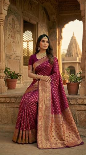 Image of C J Enterprise Women's Pure Soft Silk Saree With Blouse Piece For Wedding (Priya)