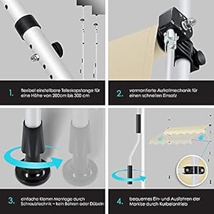 KESSER Clamp Awning with Hand Crank for Balcony Balcony Screen no Drilling UV Resistant Height Adjustable Water Repellent Sun Protection Patio Canopy Easy Assembly 300 cm