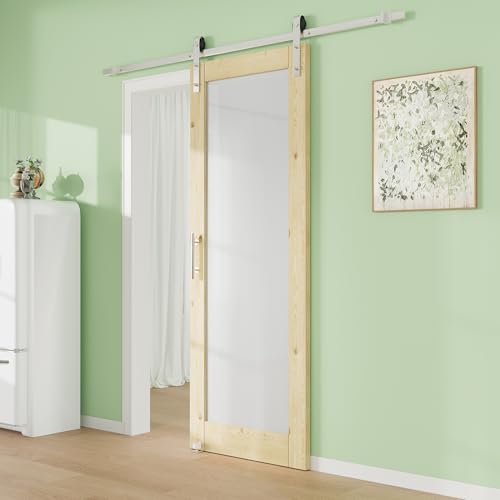 Image of 32 inch x 80 inch 3-Lites Solid Core MDF Panel Barn Door with Trimmable 72 inch Track Kit, Paintable Sliding Barn Doors for Closet Kitchen Bedroom Excellent Sound & Thermal Insulation, Nickel-Plated Hardware Kit