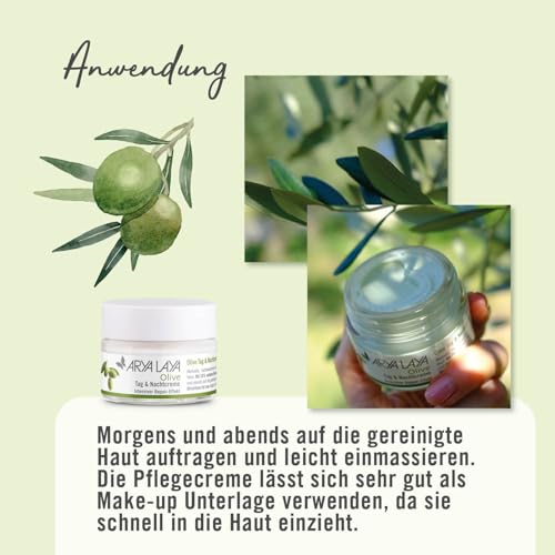ARYA LAYA Olive Tag & Nachtpflege, 50 ml – Gesichtscreme mit intensivem Repair-Effekt, zur Belebung müder Haut, wirkt Verlust von Glätte & Spannkraft entgegen, Radikalfänger, vegan