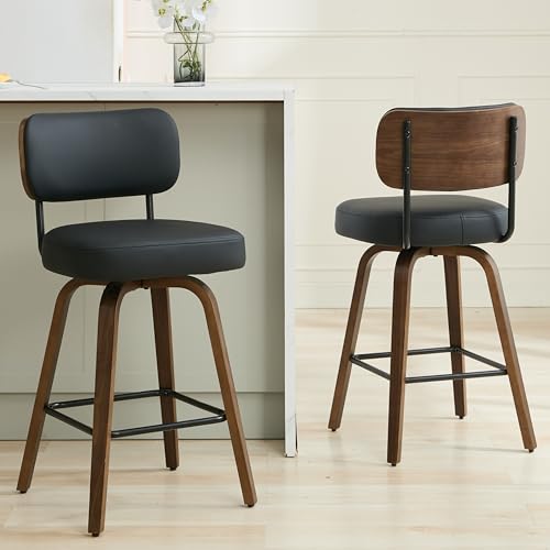 Arvasslia Swivel Bar Stools Set of 2, 26' Upholstered Counter Height Bar Stools with Back and Walnut Wood Legs, Faux Leather Barstools for Kitchen Counter, Black