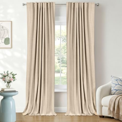 Image of Faux Linen Total Blackout Curtains for Bedroom 84 Inch Long Natural Flax