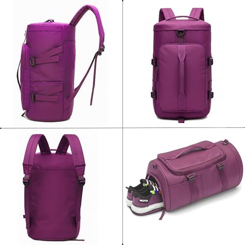 Image of POPCUBE 2in1 Nylon 26cm Lightweight Waterproof Backpack Duffle Bag with Shoulder Straps, Small Rucksack Travel Bag for Men & Women with Wet Pocket & Shoe Compartment(45x26x26cm) (Purple)