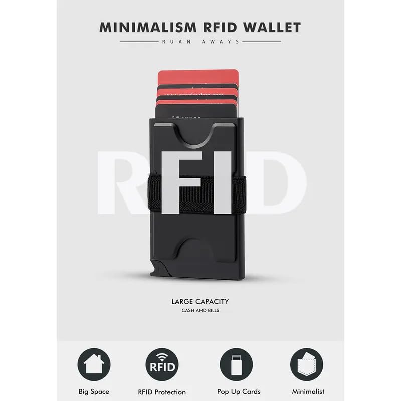 Minimalist Metal Wallet for Men – Slim RFID Blocking Card Holder with Pop-Up Case, Cash Strap & Expandable Backplate – Holds 12+ Cards & Cash – Gift-Ready (Black)3