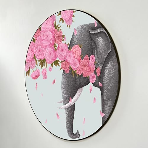 Image of PAINTINGMANTRA Elephant with Pink Flowers Round Large Wall Art Painting for Living Room Decoration, Circular Gold Metal Finish Stylish Large Wall Art Print for Wall Decor (22x22 Inches)