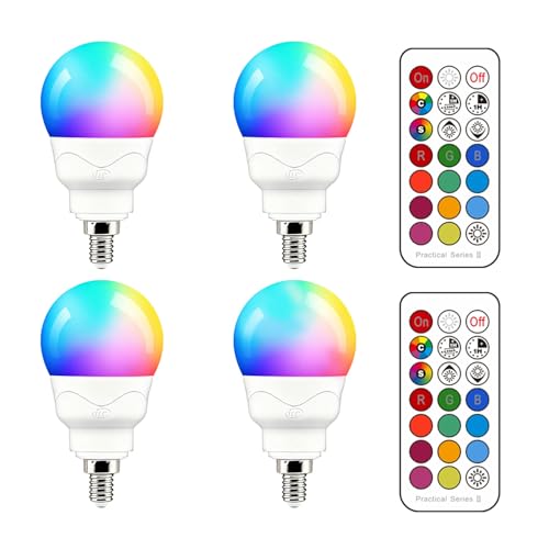 ILC E12 LED Light Bulbs (40w Equivalent) 5W, Color Changing RGB, A15 Small Base Candelabra Round Light Bulb, Candle Base, 2700K Warm White 12 Colors 2 Modes Timing with Remote Control (4 Pack)