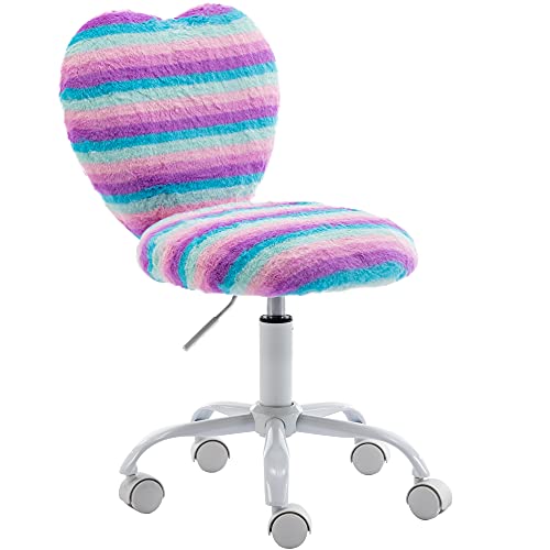 DM Furniture Small Desk Chair Swivel Kids Office Chair Fuzzy Student Computer Task Chair Faux Fur Vanity Chair Cute Heart Chair for Girls Boys Bedroom, Rainbow