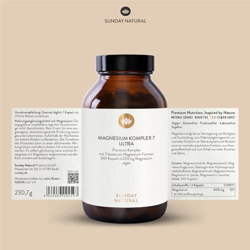 SUNDAY NATURAL® Magnesium Komplex – 240 Kapseln - 400mg pro Tag - aus 7 Verbindungen: Magnesium Bisglycinat, Citrat, Malat, Laktat, Ascorbat, Oxid, Lysinat - Vegan, laborgeprüft – Bild 7