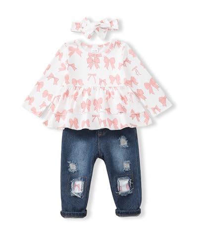 Toddler Girl Clothes 2T 3T Girl Clothes Spring Fall Winter Outfits Ruffle Long Sleeve White Pink Bow Top Denim Pants Fashion Ripped Jeans Clothing