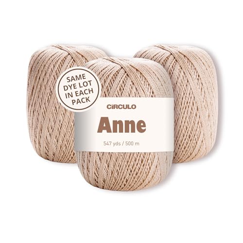 Image of CIRCULO Anne Yarn Pack, 1641 yds for Knitting & Crochet, 3 Balls of 100% Mercerized Brazilian Virgin Cotton, Soft Fingering Weight, Color 7650 Almond