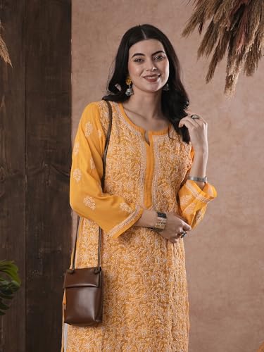 Image of Ada Lucknow Chikankari Hand Embroidered Faux Georgette Kurta Kurti Tunic Dress for Women A95504