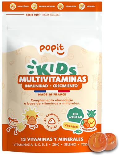 POP IT Multivitaminas Niños (+4 años) y Adolescentes - Vitaminas Niños Gominolas Sin Azucar, Sabor Tropical, Vegano - Gominolas Vitaminas para niños con Vitamina niños A, C B, D, E - 30 unidades