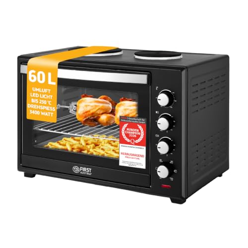 TZS First Austria - Minibackofen mit Kochplatten 60L 3200 W - Mini Backofen Pizzaofen mit Herdplatten bis 230°C & 6 Heizmodi - Miniofen Kombigerät mit 4 Einschubhöhen & hochwertigem Zubehör