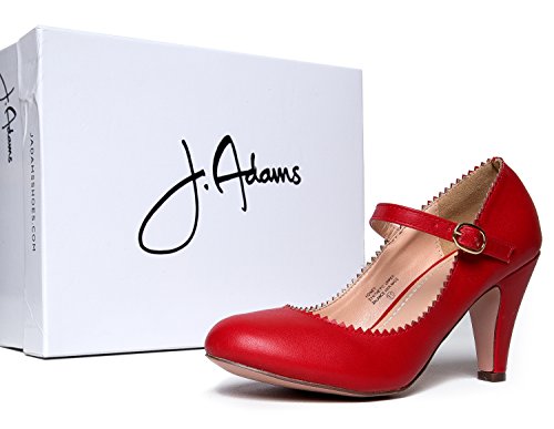 Mary Jane Kitten Heels, Vintage Retro Scallop Round Toe Shoe With An Adjustable Strap, 10 B(M) Us, Red Pu #TOP5