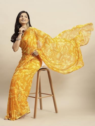 Image of RATAN Women's Chiffon Floral Printed Saree with Unstitched Blouse Piece