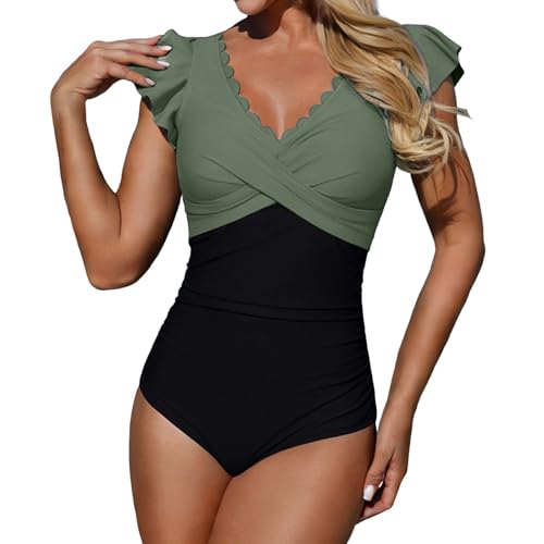 Traje de baño de mujer de 1 pieza de color sólido traje de una pieza mujer deporte túnica baño playa casual volantes y cordones color sólido casual, ejército verde, S