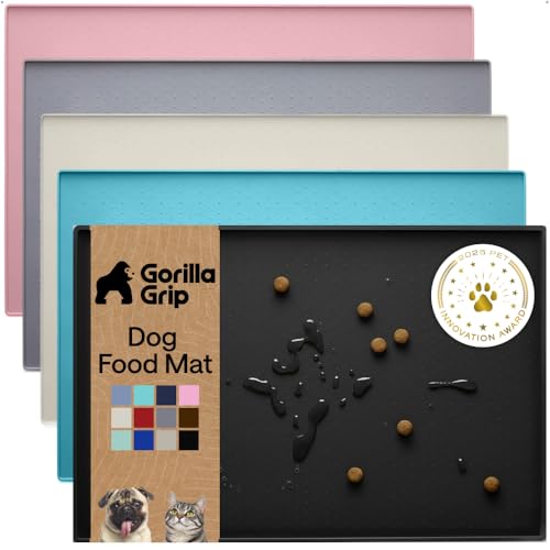Image of GORILLA GRIP 100% Waterproof Raised Edge BPA Free Silicone Pet Feeding Mat, Dog Cat Food Mats Contain Spills Protects Floors, Placemats for Cats and Dogs Water Bowl, Pets Accessories 18.5x11.5 Black