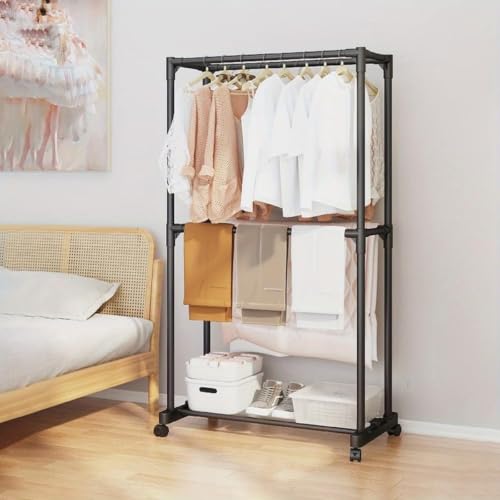 Image of Metal Multifunctional Heavy-Duty Quality Garment Stand Cloth Rack Freestanding Storage with Bottom Shelves Adjustable Single Solid Stainless Steel Spider (Double Stnad)