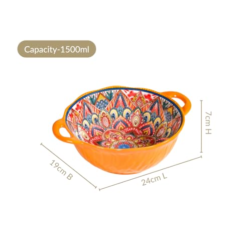 Image of Nestasia Mandala Ceramic Serving Bowl with Handles (1500 ml) - Microwave & Dishwasher Safe Snack Bowl | Ribbed Floral Bowl with Glossy Finish - Ideal for Soup, Curries, Salad & Noodles (Yellow)