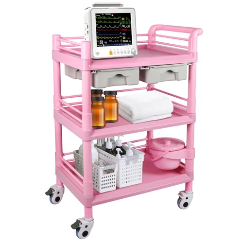 EBANKU Mobile Medical Carts 3 Tier Professional Utility Cart with 2 Drawers & 1 Trash Cans, Beauty Salon Rolling Trolley with 4 Silent Wheels for Hospital Dental Clinic Lab, Pink